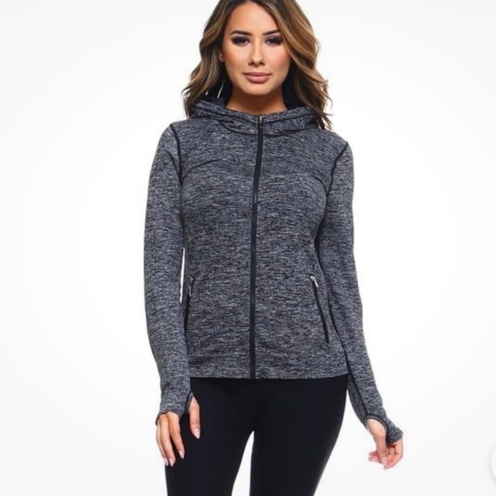 Stella Elyse Women Marled Knit Active Jacket with Hoodie Activewear Stretch M/L